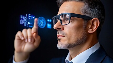 The Future is Now: A determined businessman, wearing futuristic glasses, interacts with a glowing digital interface, symbolizing the potential of technology to shape our world.