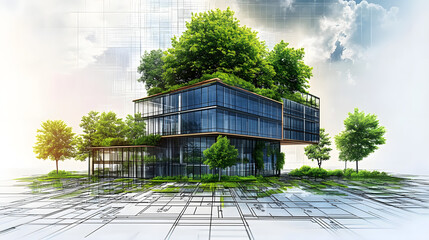 sustainable green building practices in architectural blueprints ecofriendly construction planning digital concept illustration