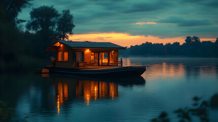 Poster - Cabin on the Water at Sunset with Reflections