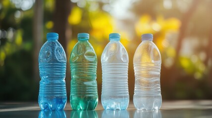 Four water bottles with various colors against a blurred natural background.