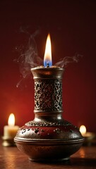 A glowing ritual oil lamp burning with sparks against a red background.