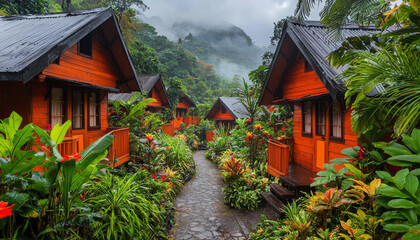 Wall Mural - A serene pathway lined with vibrant tropical plants leads to charming wooden cabins nestled in a lush mountainous environment.