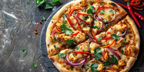 Wall Mural - Tasty Butter Chicken Pizza Topped with Red Peppers, Red Onions, and Cilantro