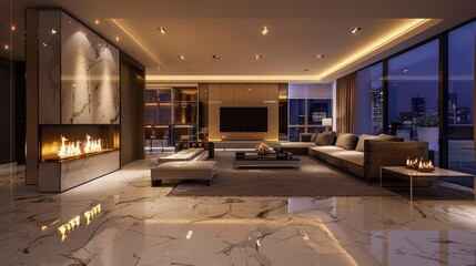 luxury penthouse living room with modern fireplace