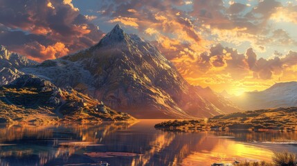 Poster - Golden sunset bathes mountain evoking peace and awe