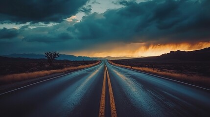 Poster - Scenic Road Under Dramatic Sky at Sunset