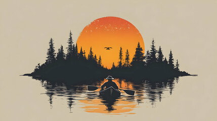 Sticker - Canoeing Through a Forest at Sunset, a Silhouette of a Man Paddling on Still Water with a Bird Flying Overhead