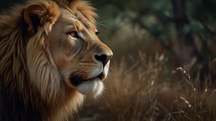 Poster - A majestic lion with a thick mane looks off to the side in a grassy field, with a blurred background of green foliage.