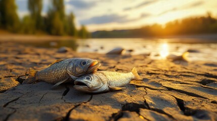 two fish lie on cracked earth near a river, illuminated by the warm glow of a sunset, symbolizing dr