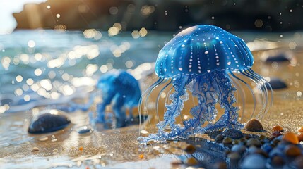 Poster - Blue jellyfish on a sandy beach during a sunny day