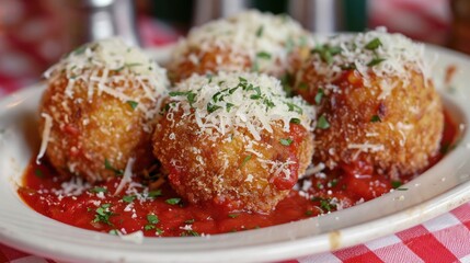 A plate of crispy arancini topped with grated cheese and herbs served with marinara sauce on a red and white checkered tablecloth