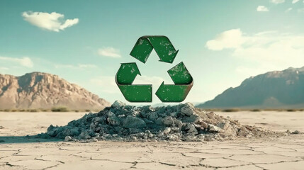 green recycling symbol stands proudly against a stark desert backdrop