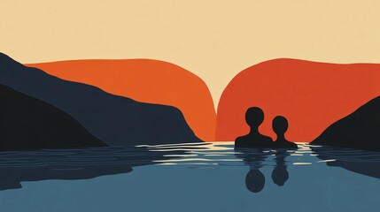 Canvas Print - Two figures enjoying a serene moment in tranquil waters at sunset near rocky hills