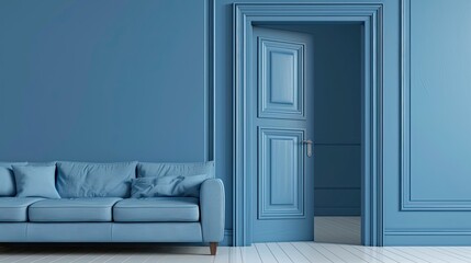 Sticker - opened wooden door to blue color scheme bedroom with sofa