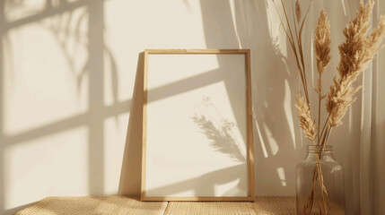 Wall Mural - Minimalist wooden frame with natural shadows and pampas grass in a sunlit room