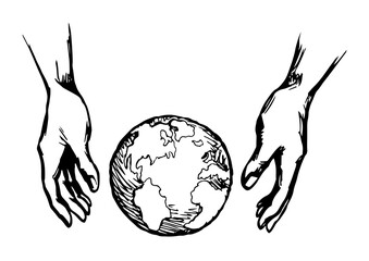 God's hand creates earth. Vector drawing