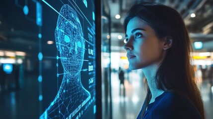 Poster - Passenger at Airport Security Checkpoint with Advanced Facial Recognition Technology Screen Display 