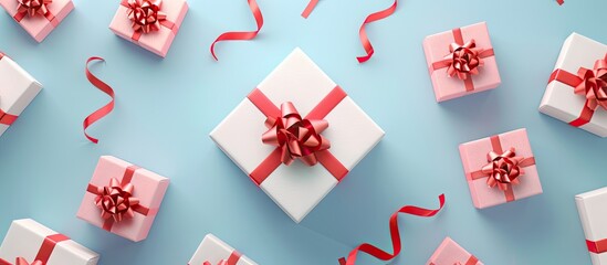 Wall Mural - White gift box tied with a red ribbon surrounded by pink gift boxes on a blue background for copyspace Minimal Christmas concept idea