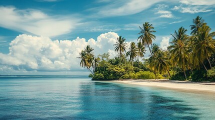 Luxury resort seascape with calm island beach with palms and blue ocean. Landscape  