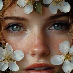 Wall Mural - Close-up Portrait of a Woman with Flowers in Her Hair