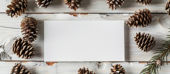 Wall Mural - Flat lay arrangement featuring pinecones and a blank card on a white wooden surface providing space for text. Copy space image. Place for adding text and design