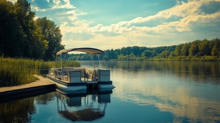 Canvas Print - Luxury Pontoon Boat at Rest on the River 