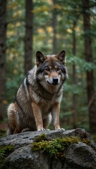 Wall Mural - a wild wolf perched on a rock in the forest.