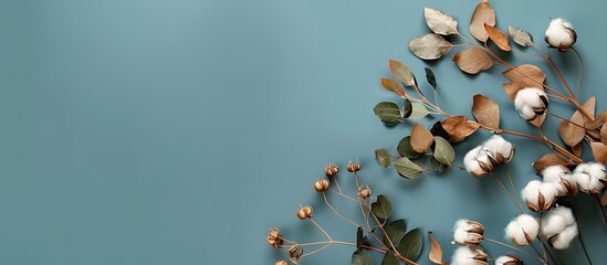 Sticker - Autumn Floral Flat lay background arrangement Dried white fluffy cotton flower branch with green leaves viewed from above on a colored table with copyspace