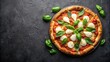 © Latsamee - A delicious pizza topped with a generous amount of melted mozzarella cheese and fresh basil leaves arranged on a black background to create a striking silhouette, textured, crust, tasty
