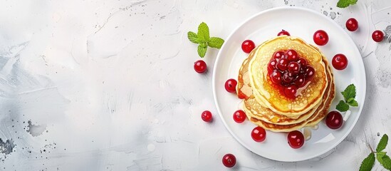 Pancakes topped with red berry jam and mint set against a light grey stone background American cuisine Breakfast. Copy space image. Place for adding text and design