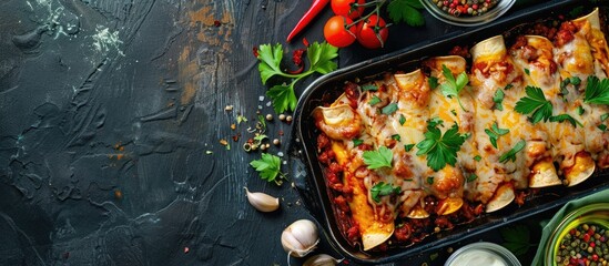 Chicken and Chorizo Enchiladas. Copy space image. Place for adding text and design