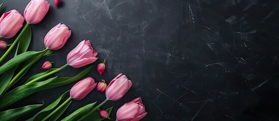 Poster - Fresh beautiful tulips with a garland on a black surface top view. Copy space image. Place for adding text and design