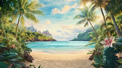 Sticker - dreamy printable mural of a lush tropical paradise ideal for transforming the walls of a beach resort's lobby welcoming guests to an island paradise of sun sand and sea  