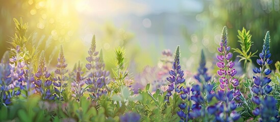 Poster - meadow spring wildflowers lupine backdrop copyspace