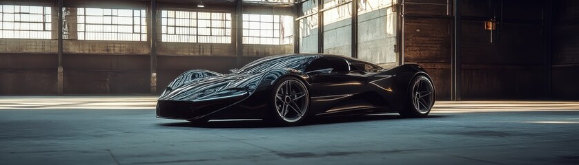 Sleek Black Sports Car in an Industrial Warehouse with Sunlight Streaming Through Windows