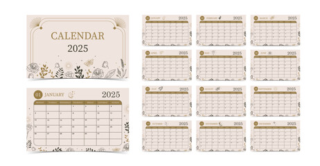 Wall Mural - 2025 table monthly calendar week start on Sunday with boho style for horizonral printable design