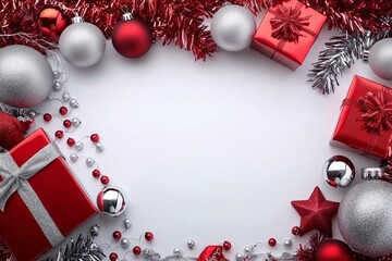 Christmas background with red and silver theme decorations, white space in the center for text or design, red gift boxes, tinsel decoration.