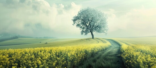 Agricultural fields filled with rapeseed on a misty day captured in a high quality copy space image