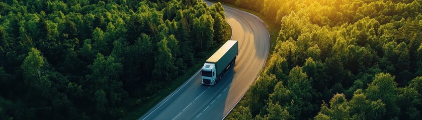 Wall Mural - Aerial View of a Truck Driving on a Curved Road Through a Dense Forest at Sunset