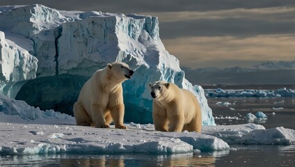 Wall Mural - an arctic glacier breaks apart under the sun, with polar bears clinging to dwindling ice, symbolizin