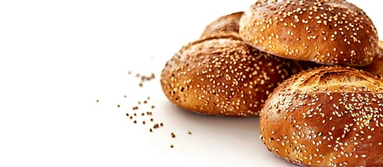 Bread with sesame seeds on a white background with copy space image