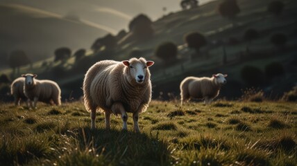 Poster - A group of sheep grazing in a green field with hills in the background.