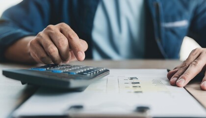 close up young man hand press on calculator to check and summary expense of home loan mortgage 