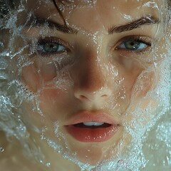 Sticker - Water Splash Portrait: Close-Up of a Woman's Face