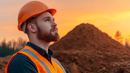 Construction worker gazing thoughtfully during sunset at a building site