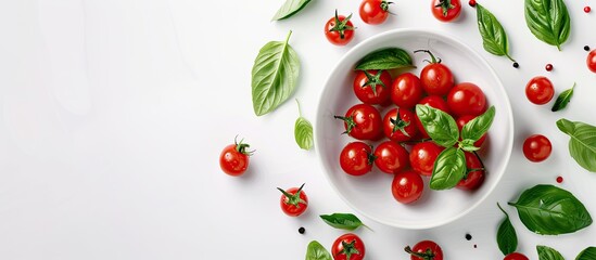 Ceramic plate with basil and cherry tomatoes on white backdrop with open area for additional visuals a copy space image