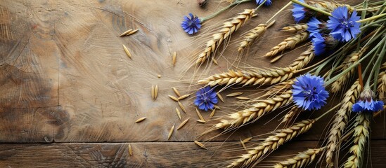 A beautiful arrangement of wheat ears and a pretty blue cornflower in a rustic setting with empty space for text or design. with copyspace image