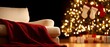 © Albert - A white chair with a red blanket, nearby a Christmas tree adorned with stockings, and a lit Christmas tree in the background