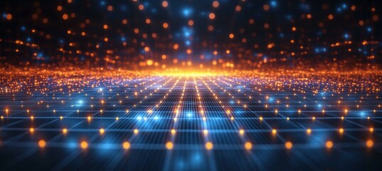 Fototapete - Wireframe grid connected dots and lines technology background. Network linked virtual space. Generative AI technology.
