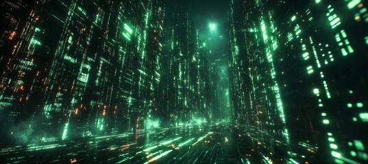 Matrix virtual digital world technology background. Generative AI technology.	
